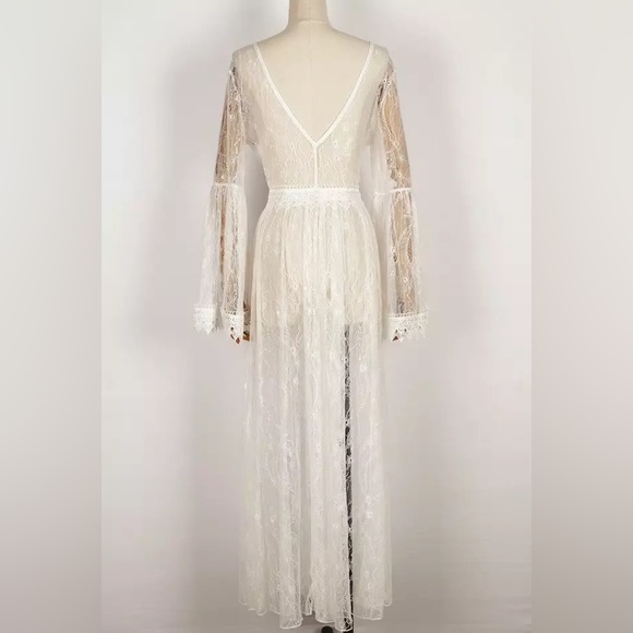 Bohemian Festival White EyeLash Lace Sheer A Line Unlined Maxi Coverup Dress - Picture 9 of 10